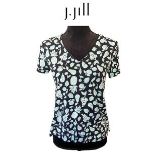 J. JILL Wearever Collection Blue & Aqua Fruit Print V-Neck Top Sz XSP